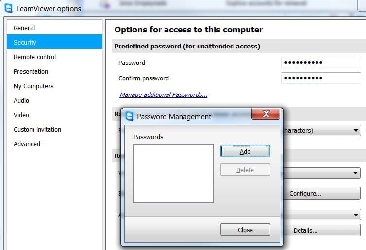 Adding additional passwords in teamviewer King Computer
